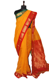 Ganga Jamuna Border Sico Cotton Gadwal Saree with Rich Pallu in Bright Yellow, India Green and Red