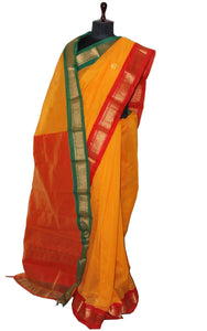 Ganga Jamuna Border Sico Cotton Gadwal Saree with Rich Pallu in Bright Yellow, India Green and Red
