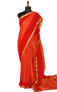 Soft Authentic Pure Cotton Woven Tanchui Work Saree in Fire Orange, Red and Gold