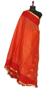 Soft Authentic Pure Cotton Woven Tanchui Work Saree in Fire Orange, Red and Gold