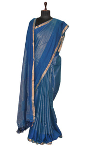 Soft Authentic Pure Cotton Woven Tanchui Saree in Prussian Blue and Gold
