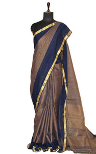 Soft Authentic Pure Cotton Woven Tanchui Work Saree in Midnight Blue and Gold
