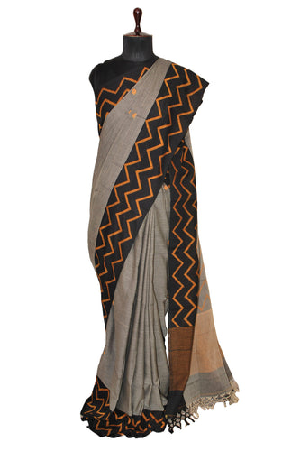 Designer Soft Cotton Jamdani Saree in Gray, Black and Golden Yellow