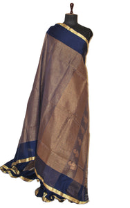 Soft Authentic Pure Cotton Woven Tanchui Work Saree in Midnight Blue and Gold