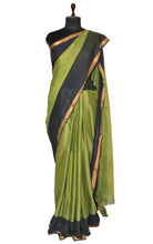 Soft Authentic Pure Cotton Woven Tanchui Saree in Pear Green, Denim Blue and Gold