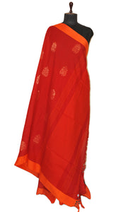 Handwoven Poth Soft Cotton Saree in Crimson Red, Gold and Orange