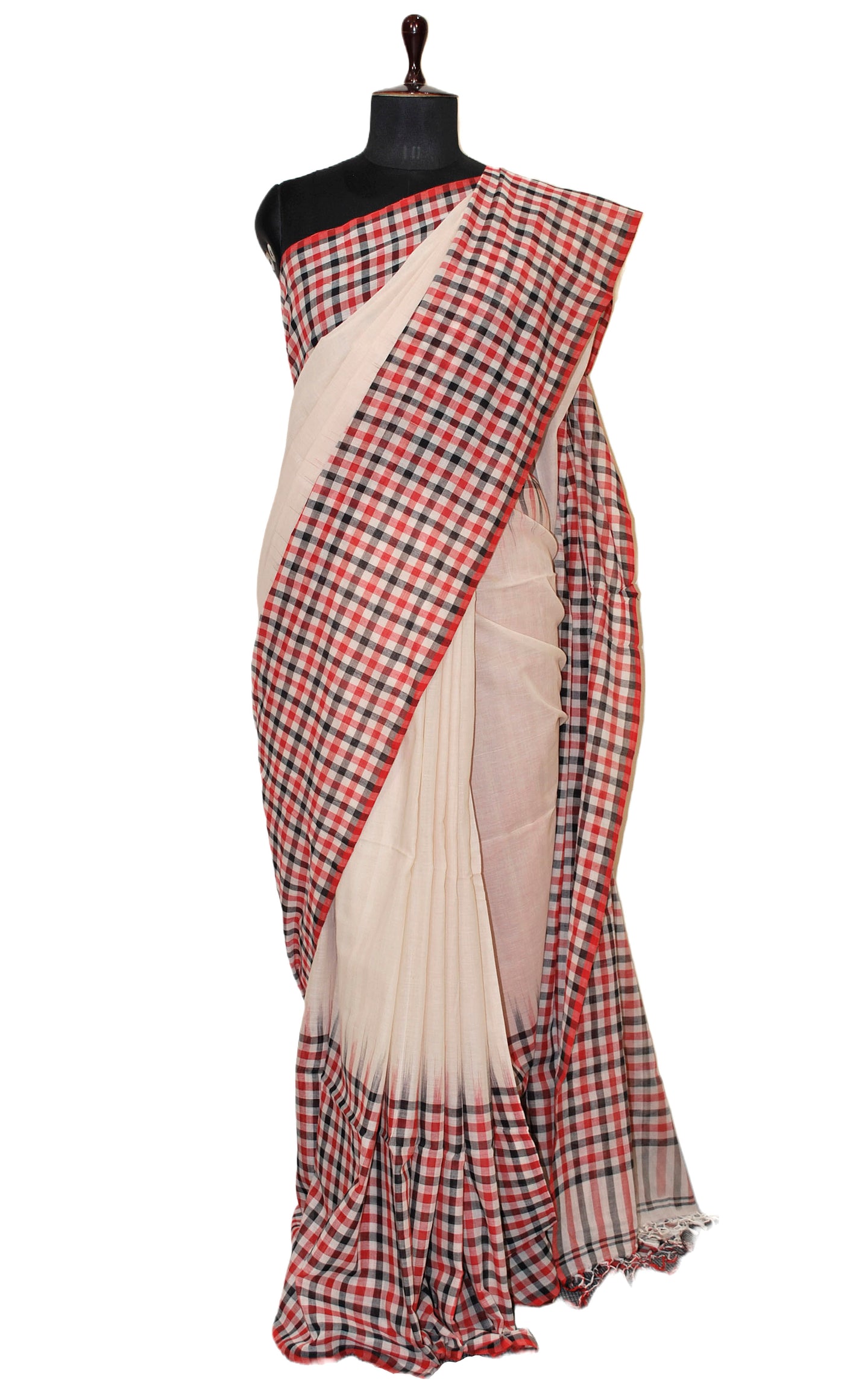 Skirt Border Micro Checks Soft Cotton Saree in Parchment White, Red and Black