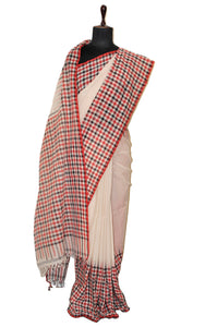 Skirt Border Micro Checks Soft Cotton Saree in Parchment White, Red and Black