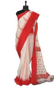Hand Woven Thread Nakshi Work Soft Cotton Khaddar Saree in Off White, Red, Navy Blue and Orange