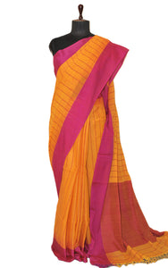 Woven Katha Work Soft Cotton Saree in Golden Yellow and Purple