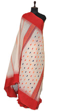 Hand Woven Thread Nakshi Work Soft Cotton Khaddar Saree in Off White, Red, Navy Blue and Orange