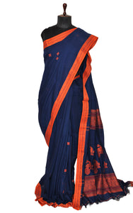 Cotton Kalakshetra Saree in Indigo Blue, Orange and Red