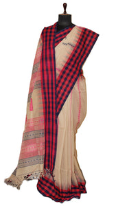 Handwoven Checks Border Soft Cotton Kalakshetra Saree in Parchment, Magenta and Dark Blue
