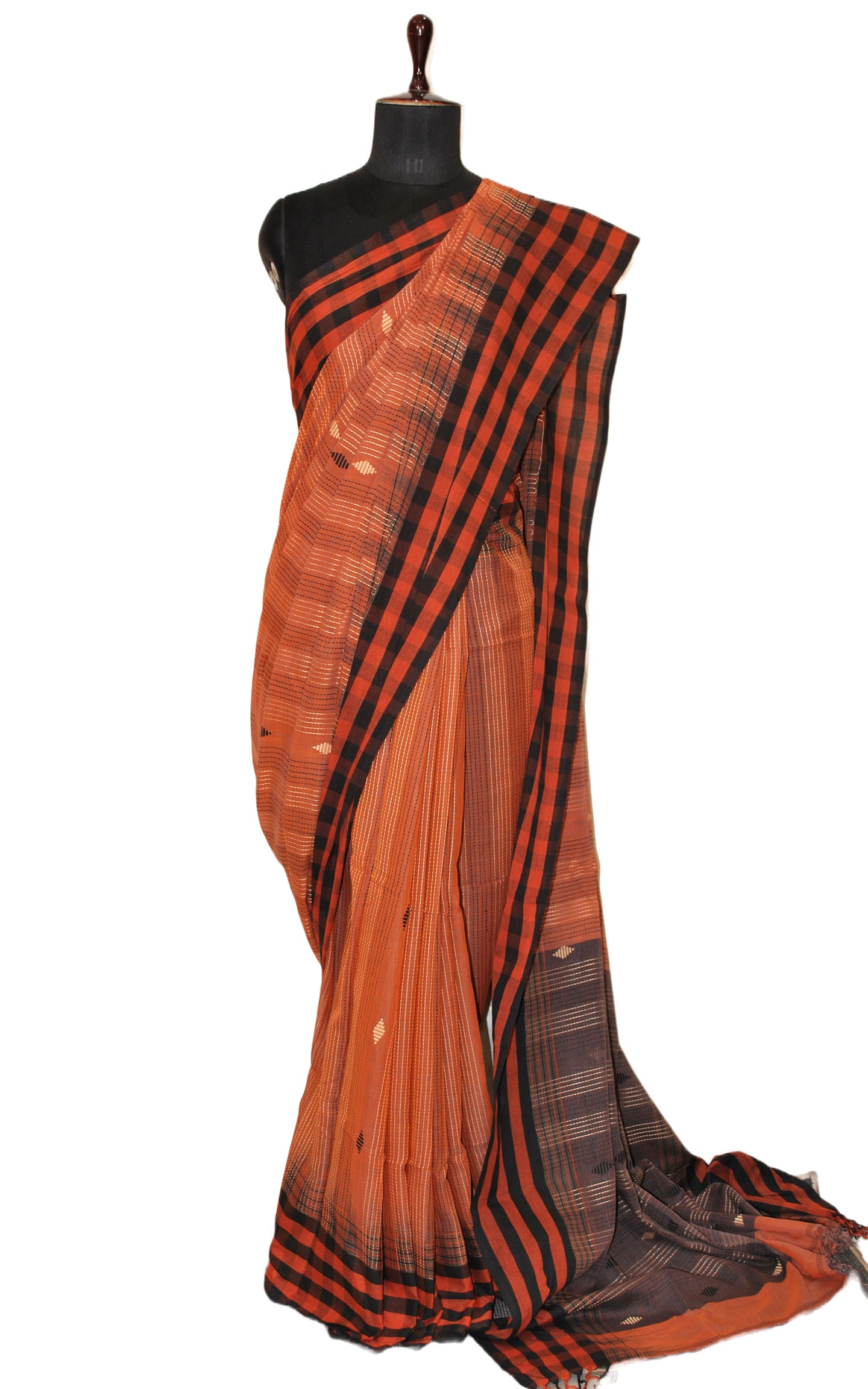 Handwoven Checks Border Soft Cotton Kalakshetra Saree in Rust Brown, Midnight Blue and Beige