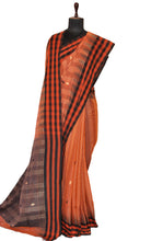 Handwoven Checks Border Soft Cotton Kalakshetra Saree in Rust Brown, Midnight Blue and Beige