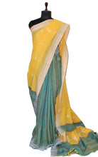 Patli Pallu Smart Stripes Soft Pure Cotton Jamdani Saree in Munsell Yellow, Beige and Denim Green