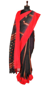 Matta Border with Fish Nakshi Woven Motif Soft Cotton Khaddar Saree in Black, Red, Orange and Beige