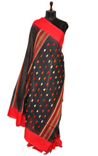 Matta Border with Fish Nakshi Woven Motif Soft Cotton Khaddar Saree in Black, Red, Orange and Beige