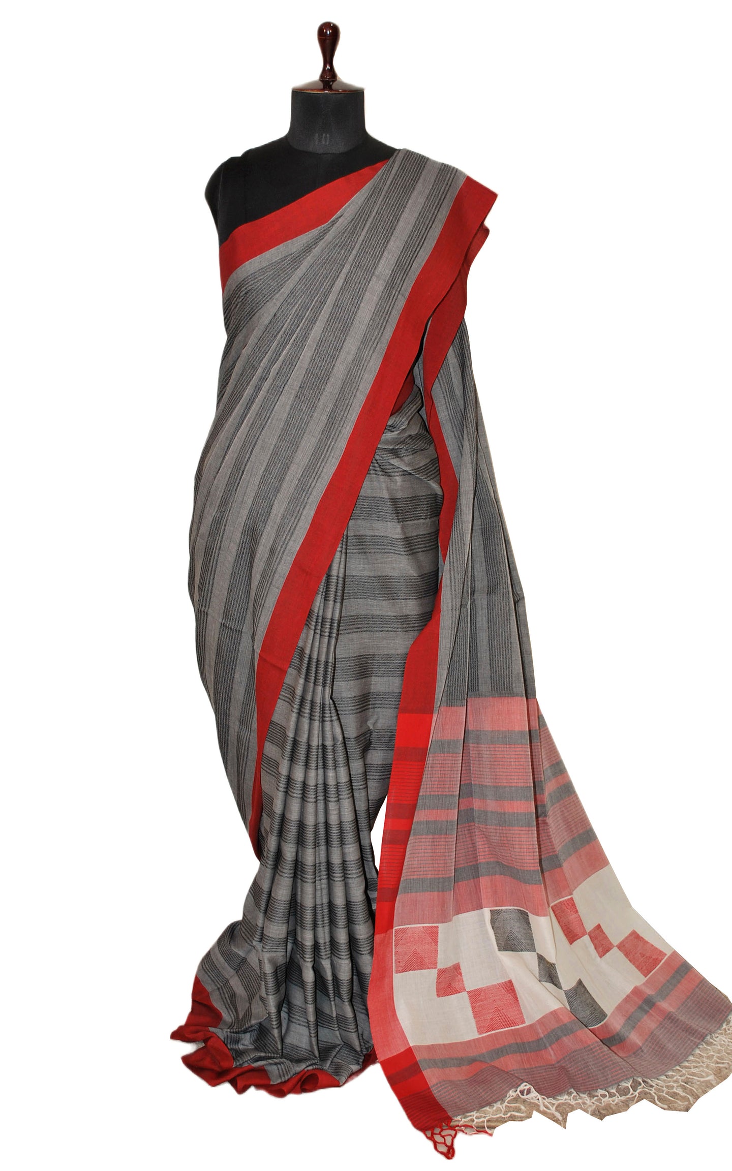 Self Woven Stripes Soft Cotton Jamdani Saree in Charcoal Grey, Red and Black