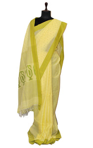 Handwoven Premium Slim Border Soft Cotton Saree in Lime Yellow and Olive Green