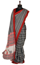 Self Woven Stripes Soft Cotton Jamdani Saree in Charcoal Grey, Red and Black