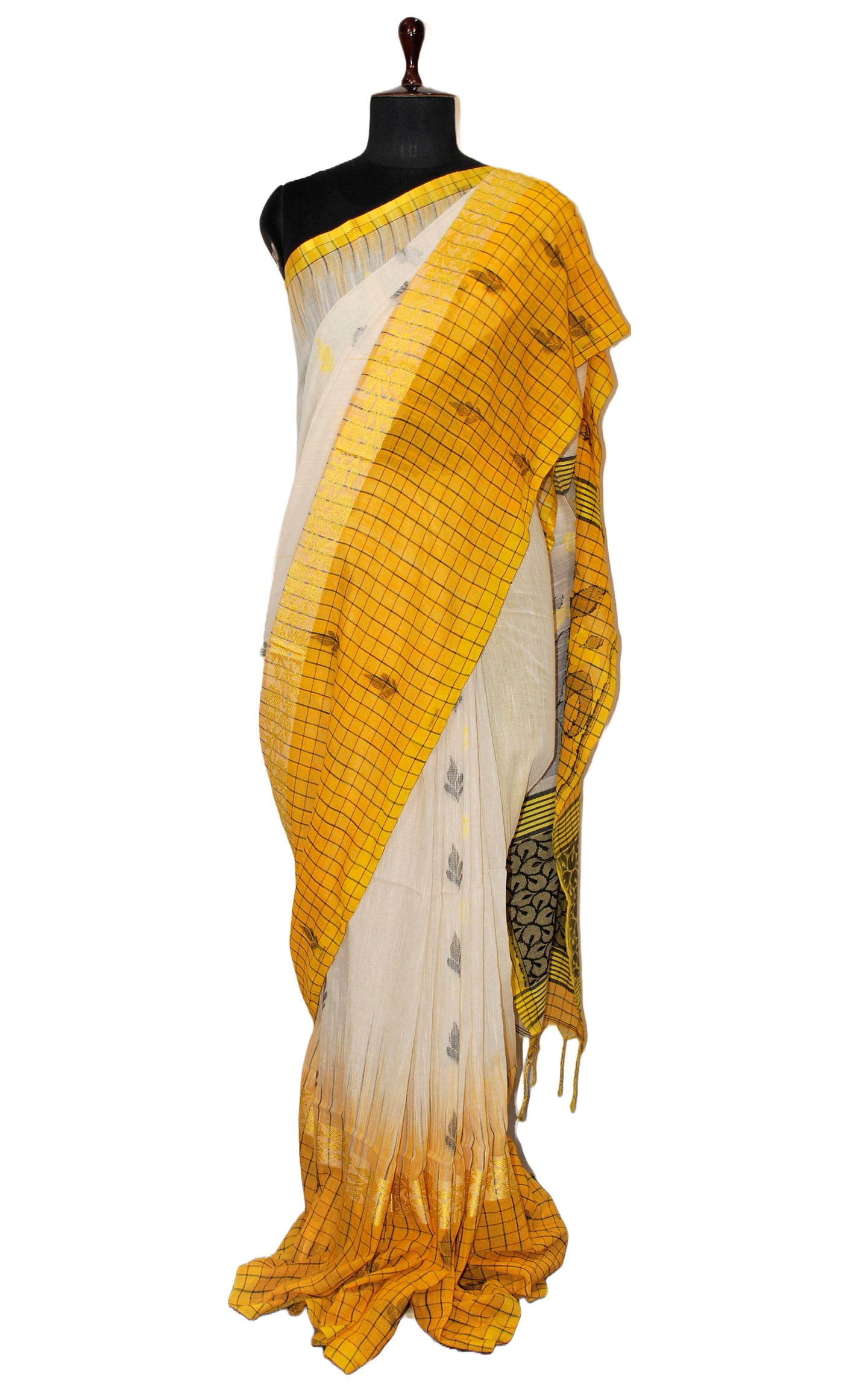 Woven Checks Skirt Border Soft Cotton Saree in Off White, Black and Yellow