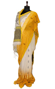 Woven Checks Skirt Border Soft Cotton Saree in Off White, Black and Yellow