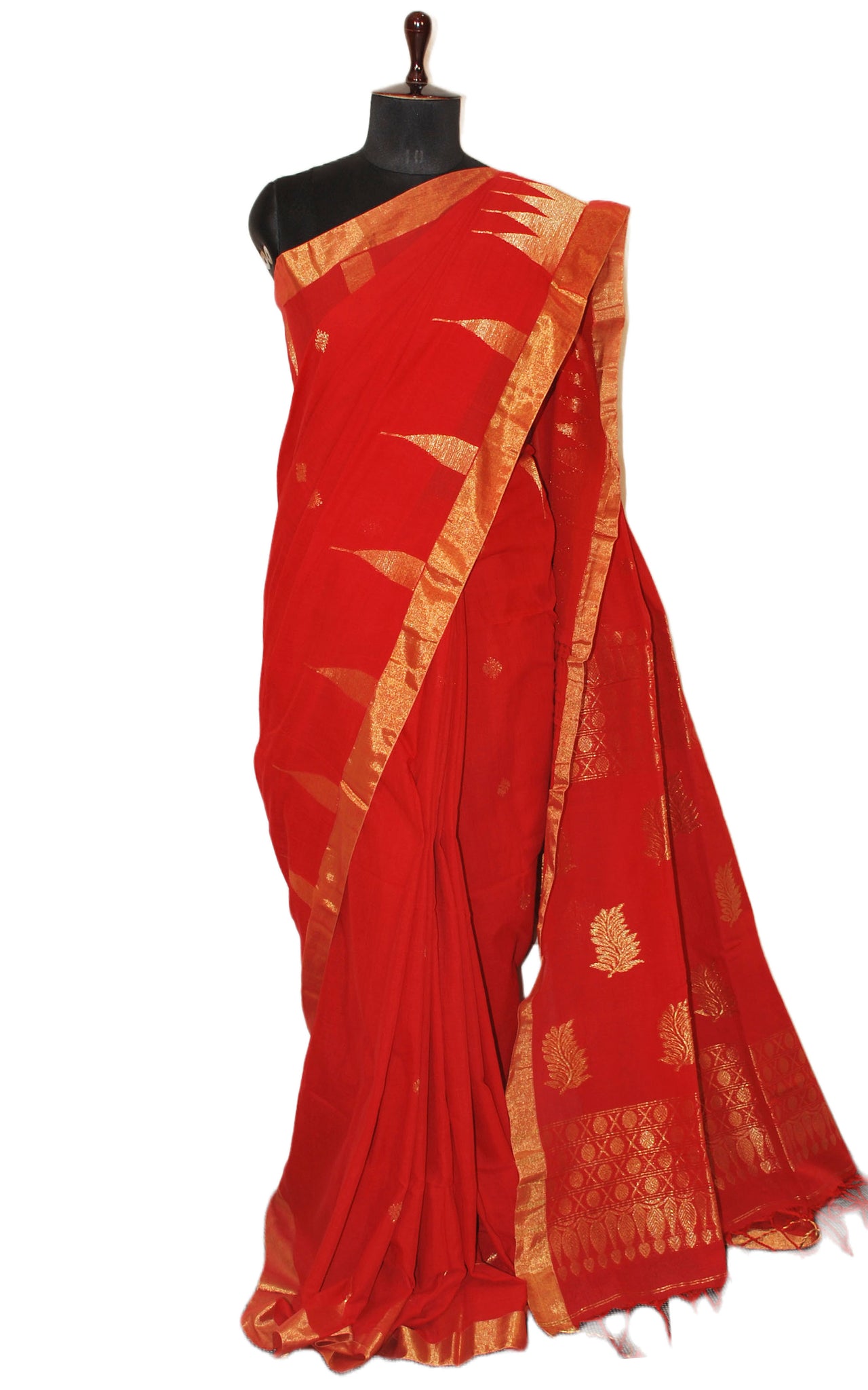 Authentic Bengal Cotton Kanchipuram Saree In Vermillion Red And Muted ...