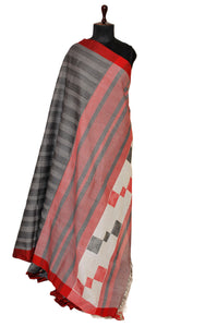 Self Woven Stripes Soft Cotton Jamdani Saree in Charcoal Grey, Red and Black