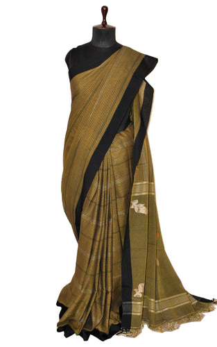 Hand Kanthastitch Work Soft Cotton Saree in Olive Green, Black and Golden Yellow