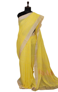 Soft Cotton Jamdani Saree in Light Neon Yellow and Khaki