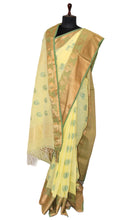 Cotton Linen Gadwal Saree in Paste Yellow, Matt Gold and Seaweed Green
