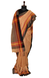 Handwoven Checks Soft Cotton Saree in Light Brown, Maroon, Amber Yellow and Black