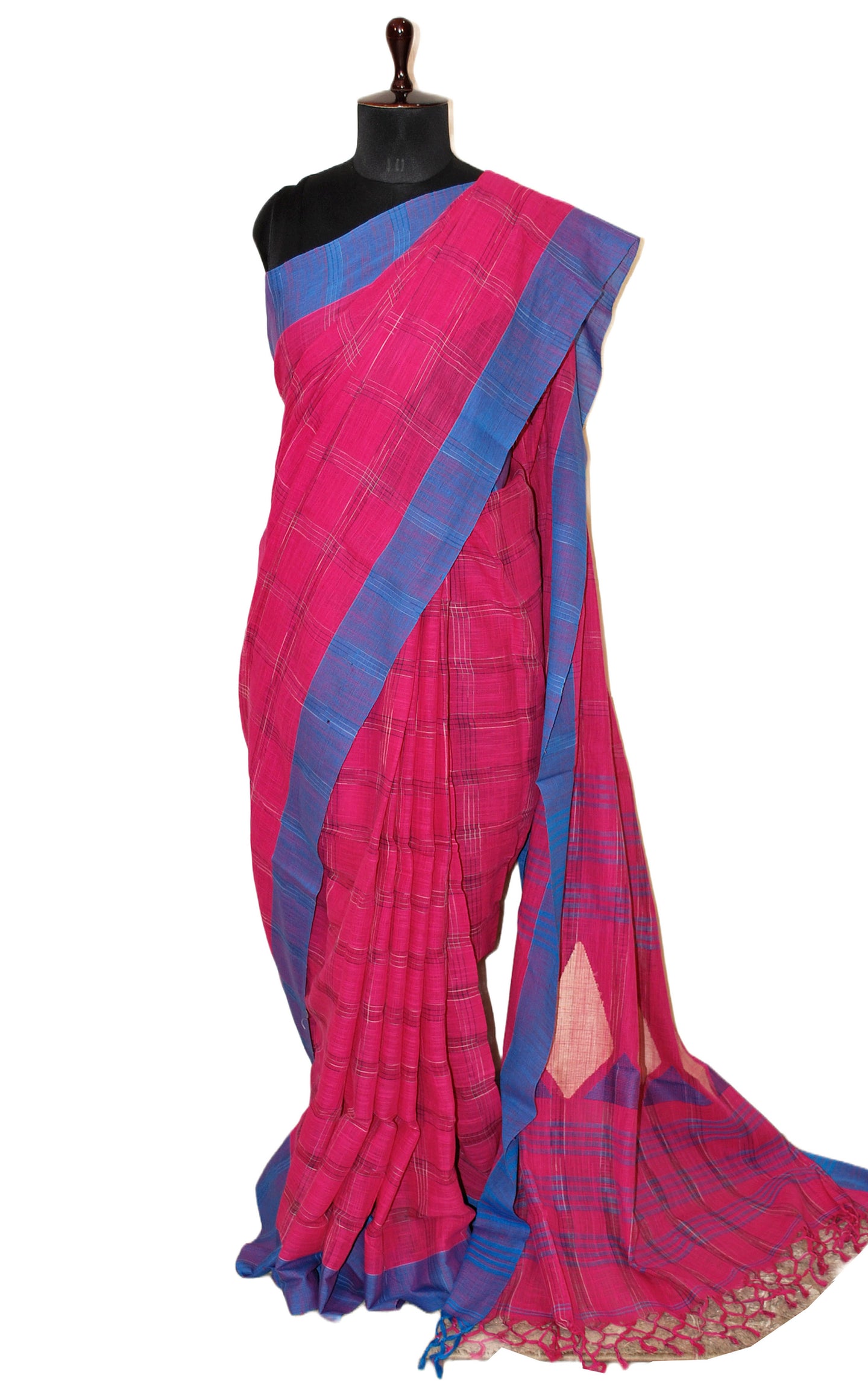 Woven Kotki Checks Soft Cotton Saree in Hot Pink and Royal Blue