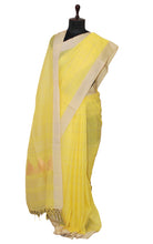 Soft Cotton Jamdani Saree in Light Neon Yellow and Khaki