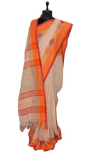 Handwoven Pure Soft Cotton Saree in Linen Cream, Orange and Red