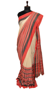 Double Warp Woven Nakshi Mahapar Soft Cotton Saree in Beige, Black and Red