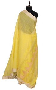 Soft Cotton Jamdani Saree in Light Neon Yellow and Khaki