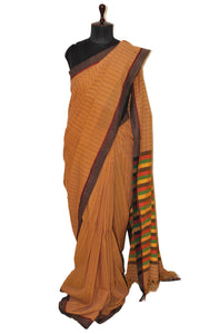 Chain Kantha work Medium Nakshi Border Soft Cotton Saree in Khaki Brown, Black and Multicolored