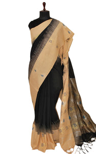 Woven Nakshi Mahapar Soft Cotton Saree in Black and Beige