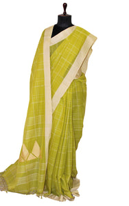 Soft Cotton Jamdani Saree in Light Olive Green and Khaki