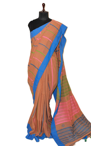 Pure Cotton Kalakshetra Saree in Almond Brown, Azure Blue, Light Pink and Green