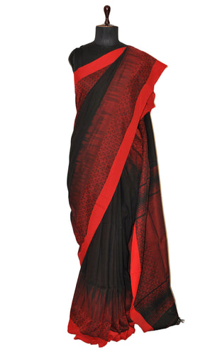 Brocade Thread Nakshi Skirt Border Soft Cotton Saree in Black and Crimson Red