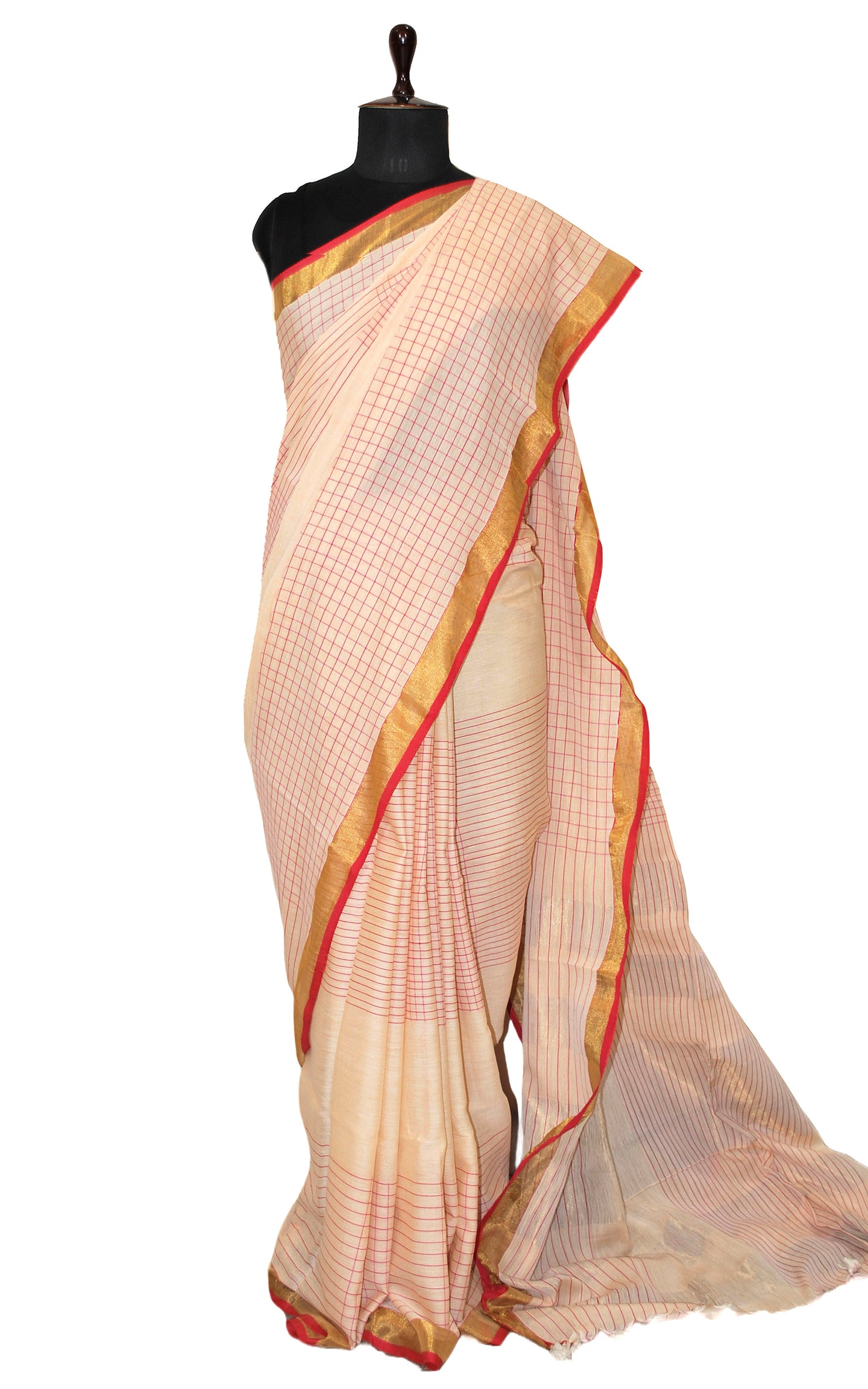 Handwoven Premium Soft Cotton Tissue Saree in Parmesan, Red and Gold