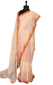 Handwoven Premium Soft Cotton Tissue Saree in Parmesan, Red and Gold