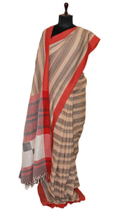 Self Woven Stripes Soft Cotton Jamdani Saree in Khaki, Red and Black