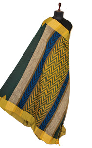 Handwoven Crowned Temple Border Soft Cotton Saree in Hunter Green, Safety Yellow and Blue