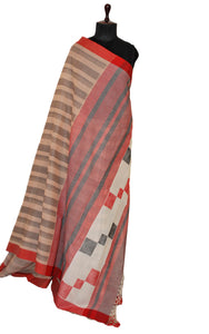 Self Woven Stripes Soft Cotton Jamdani Saree in Khaki, Red and Black