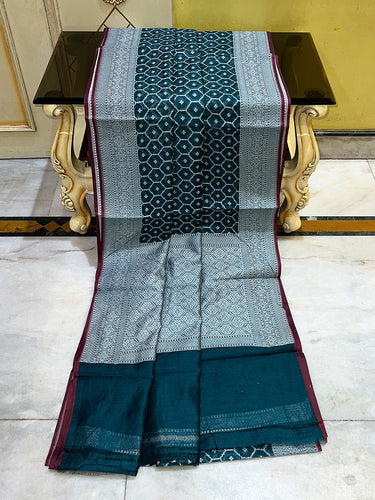 Cotton Resham Woven Nakshi Work Chanderi Saree in Dark Rama Green and Off White