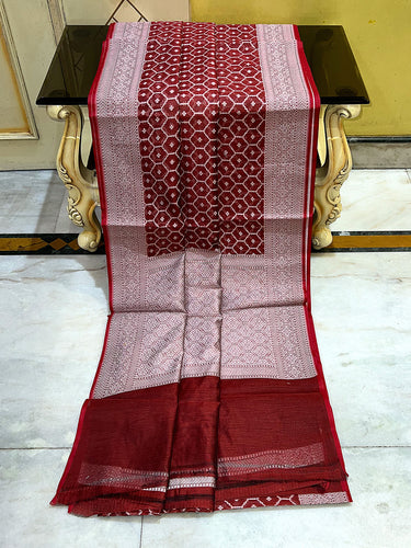 Cotton Resham Woven Nakshi Work Chanderi Saree in Reddish Brown and Off White